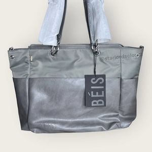 BEIS The Diaper Bag | Grey | Baby Purse Nylon Leather Trim Laptop Shoulder Strap